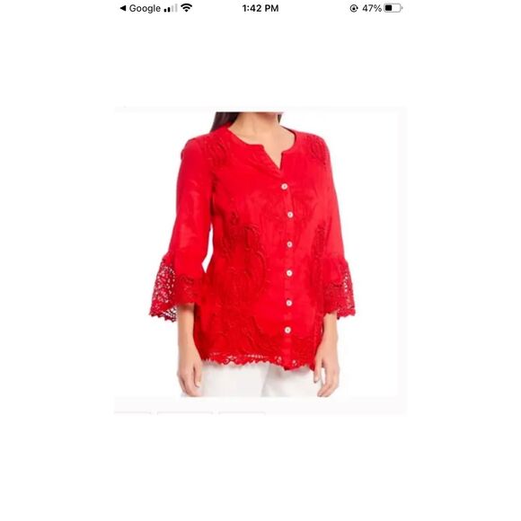 John Mark Scottsdale Classic Red LINEN/LACE Embroidered Blouse Tunic S Bell Slee - Picture 1 of 16